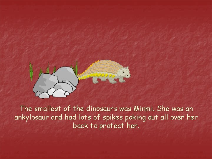 The smallest of the dinosaurs was Minmi. She was an ankylosaur and had lots