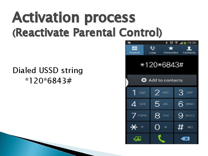 Activation process (Reactivate Parental Control) Dialed USSD string *120*6843# 