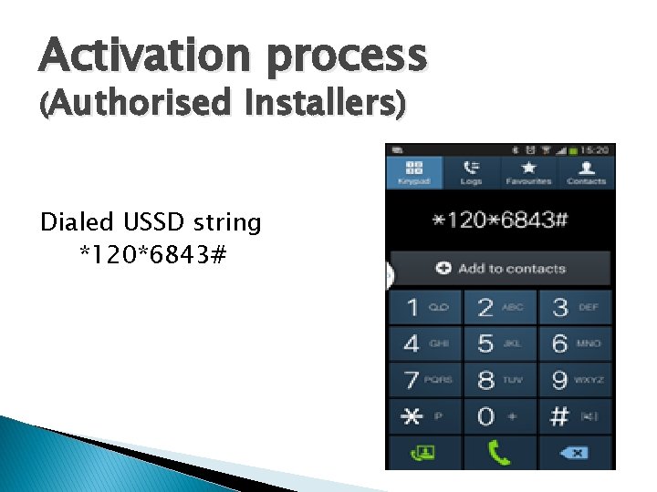 Activation process (Authorised Installers) Dialed USSD string *120*6843# 