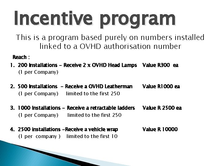 Incentive program This is a program based purely on numbers installed linked to a