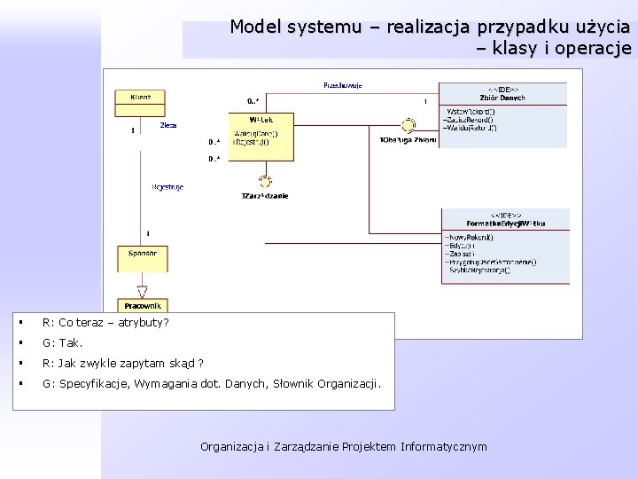 Model systemu – realizacja przypadku użycia – klasy i operacje § R: Co teraz