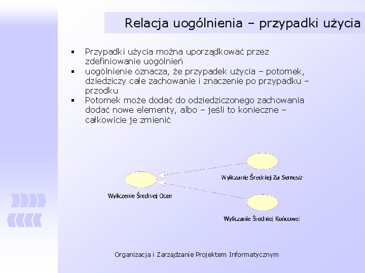 Relacja uogólnienia – przypadki użycia § § § Przypadki użycia można uporządkować przez zdefiniowanie