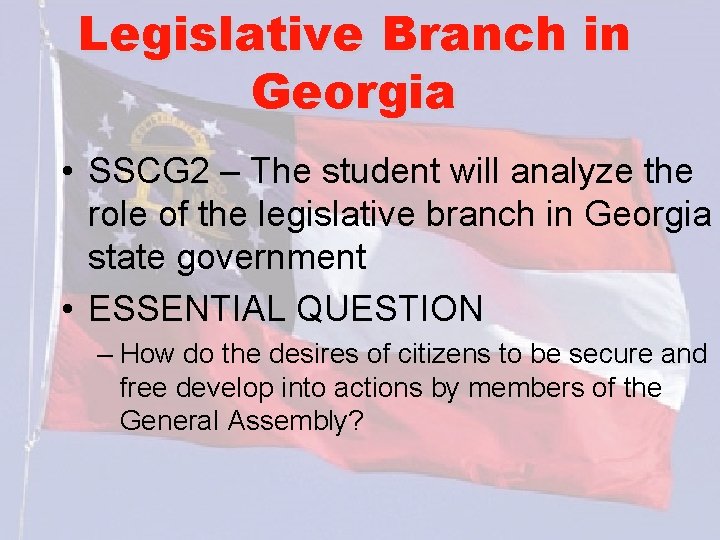 Legislative Branch in Georgia • SSCG 2 – The student will analyze the role