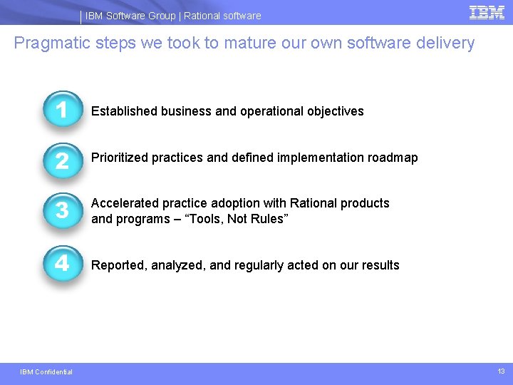 IBM Software Group | Rational software Pragmatic steps we took to mature our own