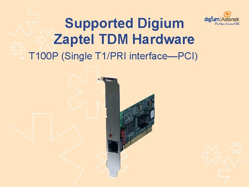 Supported Digium Zaptel TDM Hardware ● T 100 P (Single T 1/PRI interface—PCI) 