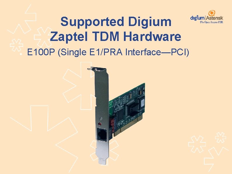 Supported Digium Zaptel TDM Hardware ● E 100 P (Single E 1/PRA Interface—PCI) 