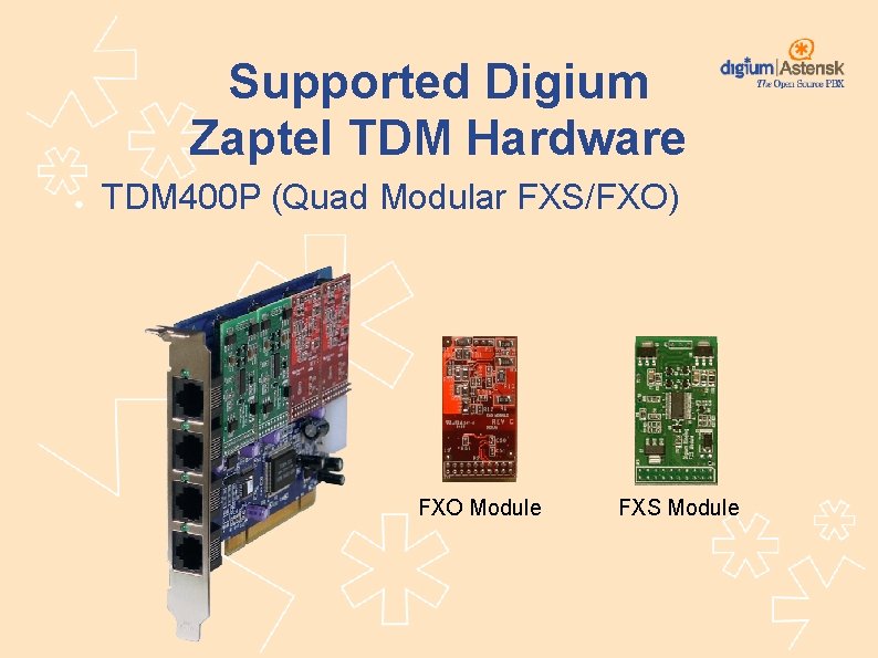 Supported Digium Zaptel TDM Hardware ● TDM 400 P (Quad Modular FXS/FXO) FXO Module