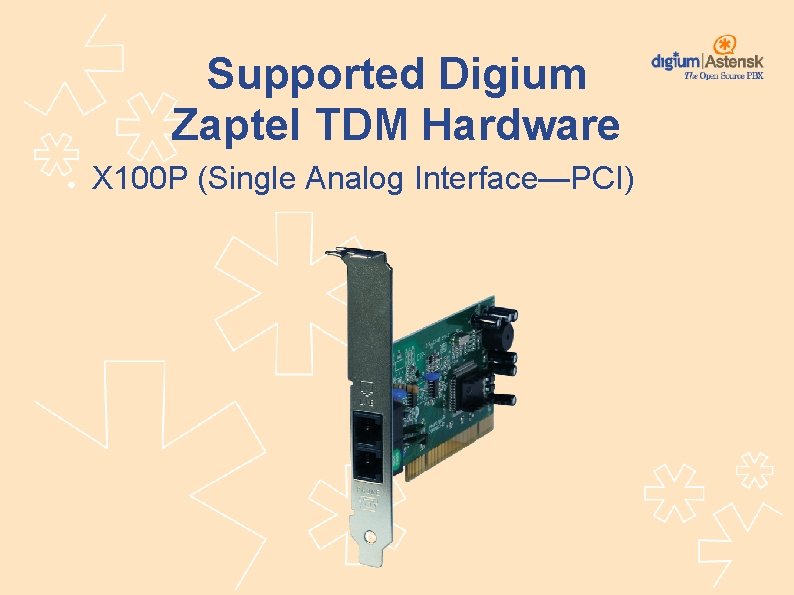 Supported Digium Zaptel TDM Hardware ● X 100 P (Single Analog Interface—PCI) 