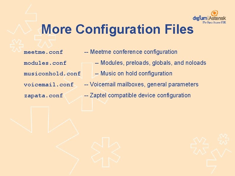 More Configuration Files meetme. conf -- Meetme conference configuration modules. conf -- Modules, preloads,