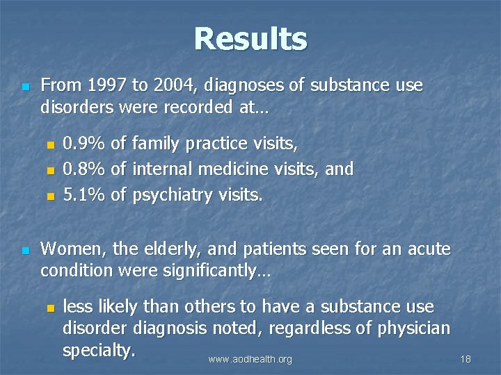 Results n From 1997 to 2004, diagnoses of substance use disorders were recorded at…