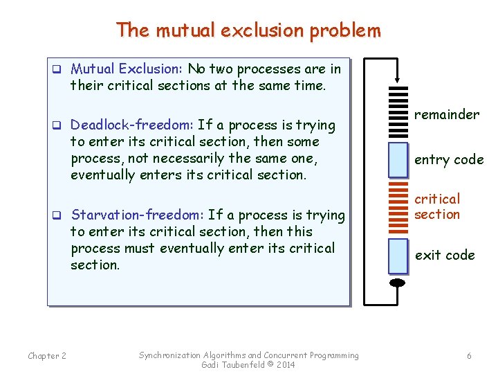 The mutual exclusion problem q Mutual Exclusion: No two processes are in their critical