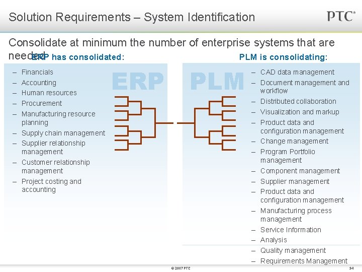 Solution Requirements – System Identification Consolidate at minimum the number of enterprise systems that