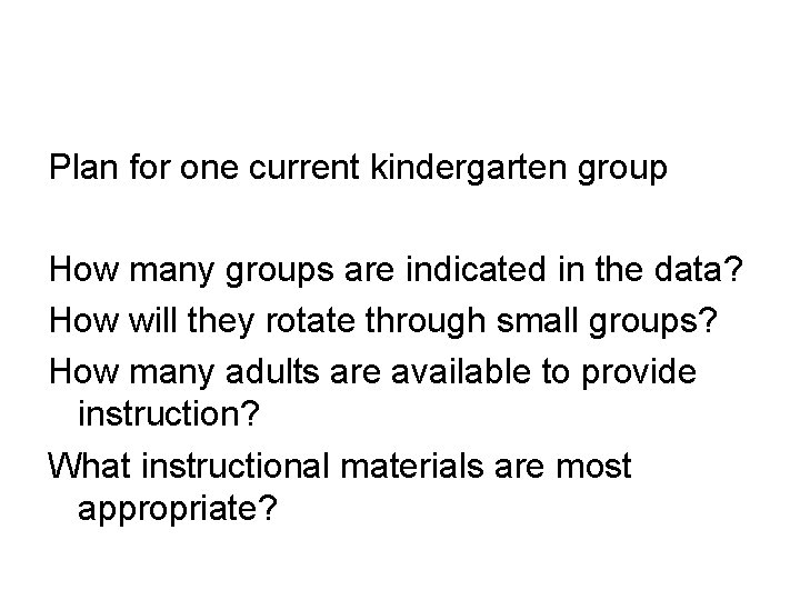 Plan for one current kindergarten group How many groups are indicated in the data?