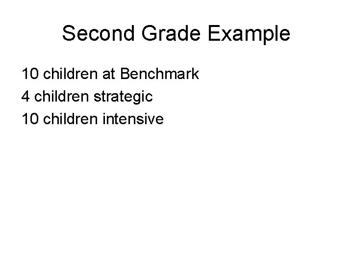 Second Grade Example 10 children at Benchmark 4 children strategic 10 children intensive 