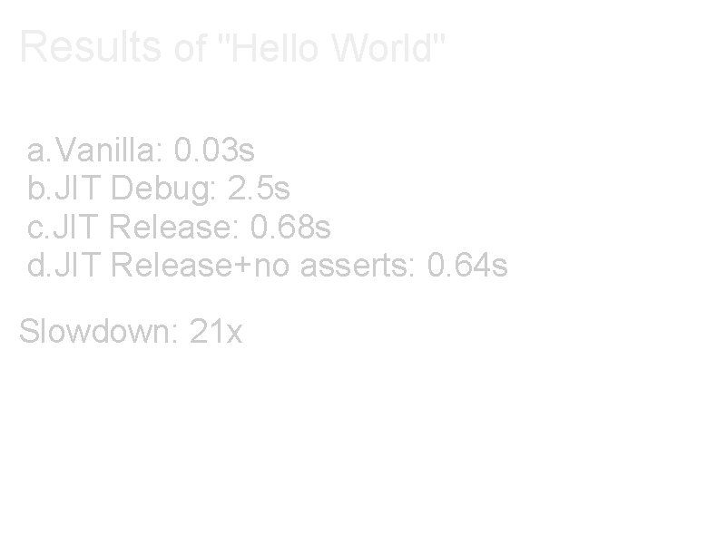 Results of "Hello World" a. Vanilla: 0. 03 s b. JIT Debug: 2. 5