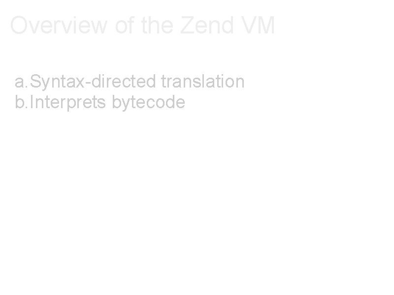 Overview of the Zend VM a. Syntax-directed translation b. Interprets bytecode 