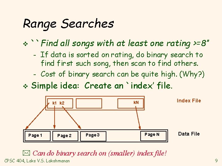 Range Searches v ``Find all songs with at least one rating >=8’’ – –