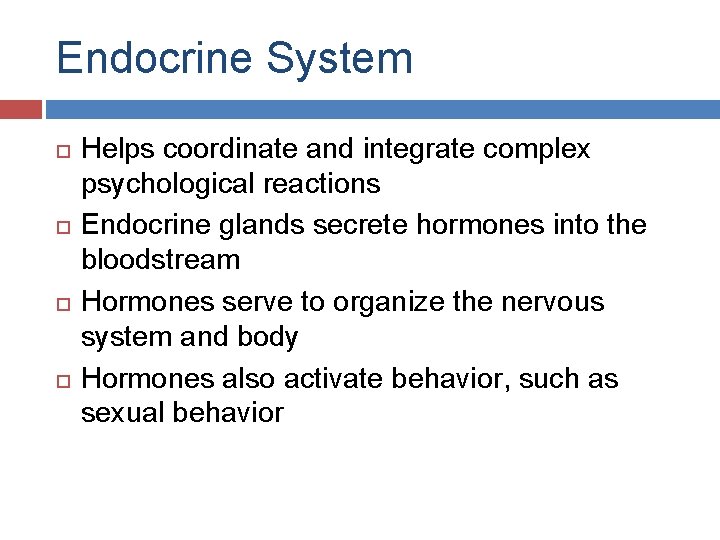 Endocrine System Helps coordinate and integrate complex psychological reactions Endocrine glands secrete hormones into