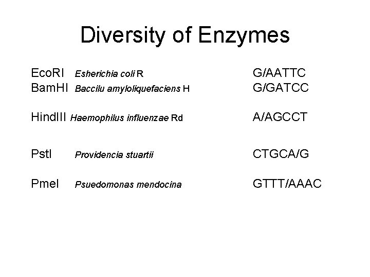 Diversity of Enzymes Eco. RI Bam. HI Esherichia coli R Baccilu amyloliquefaciens H G/AATTC