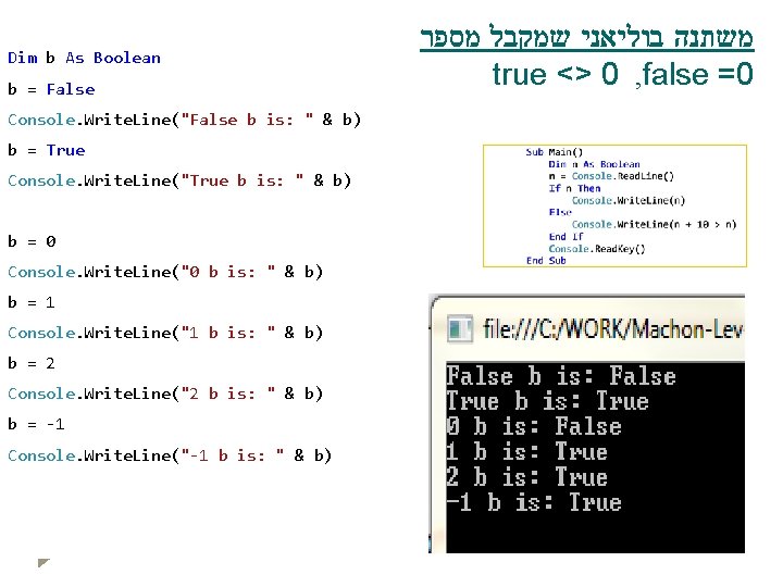 Dim b As Boolean b = False Console. Write. Line("False b is: " &