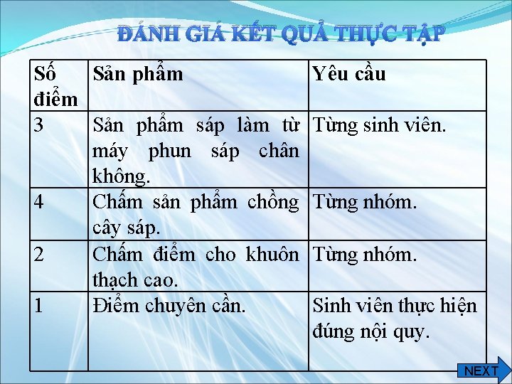 ĐÁNH GIÁ KẾT QUẢ THỰC TẬP Số Sản phẩm điểm 3 Sản phẩm sáp