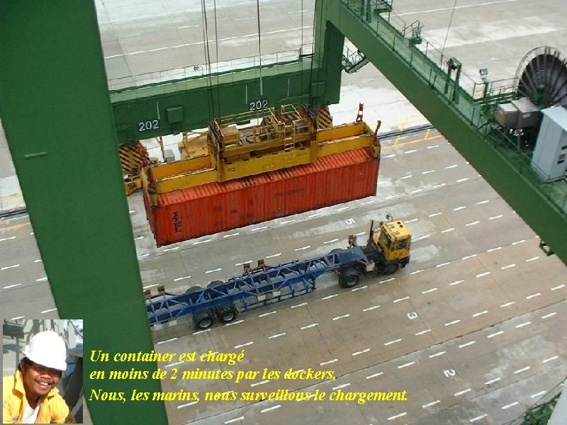 Un container est chargé en moins de 2 minutes par les dockers. Nous, les