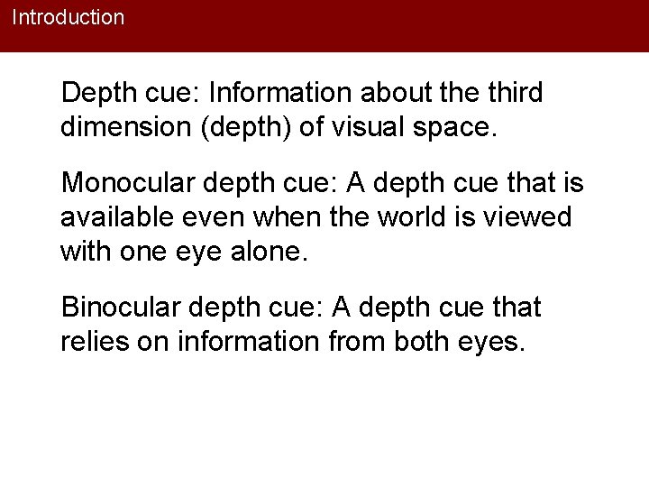 Introduction Depth cue: Information about the third dimension (depth) of visual space. Monocular depth