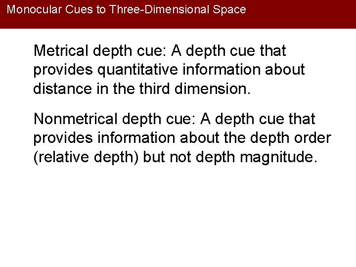 Monocular Cues to Three-Dimensional Space Metrical depth cue: A depth cue that provides quantitative