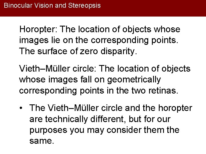 Binocular Vision and Stereopsis Horopter: The location of objects whose images lie on the