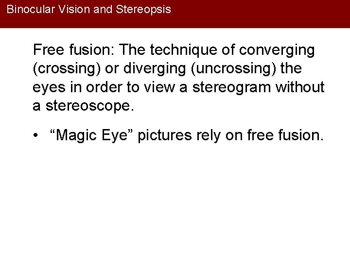 Binocular Vision and Stereopsis Free fusion: The technique of converging (crossing) or diverging (uncrossing)