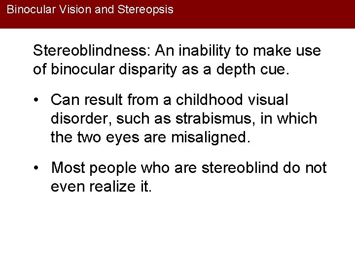 Binocular Vision and Stereopsis Stereoblindness: An inability to make use of binocular disparity as