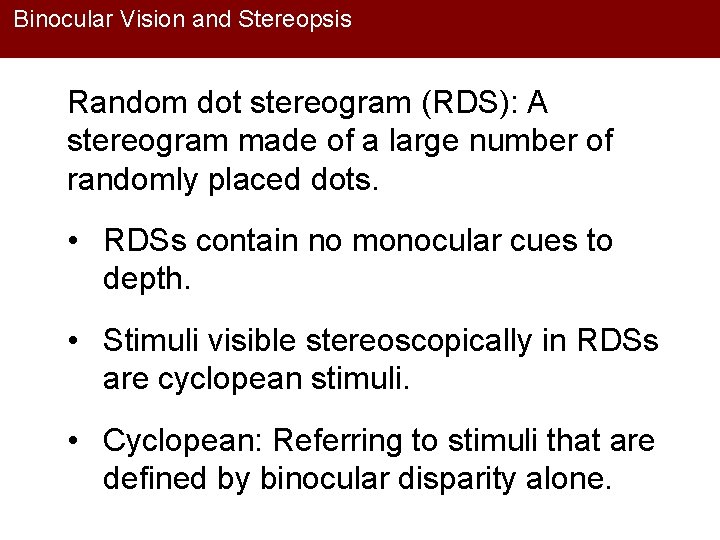 Binocular Vision and Stereopsis Random dot stereogram (RDS): A stereogram made of a large