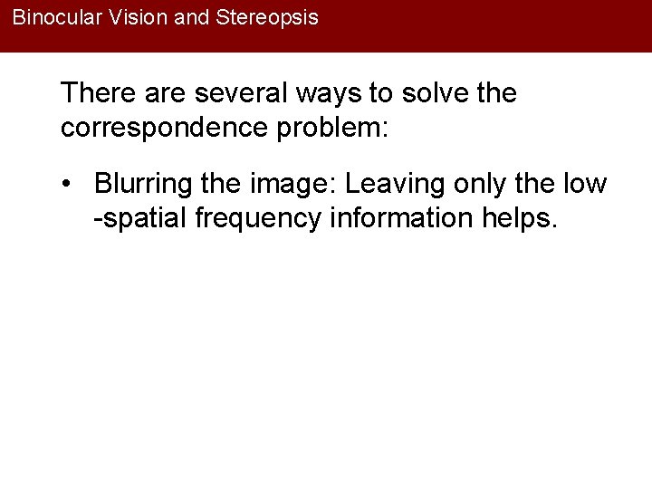 Binocular Vision and Stereopsis There are several ways to solve the correspondence problem: •