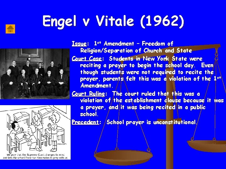 Engel v Vitale (1962) Issue: 1 st Amendment – Freedom of Religion/Separation of Church