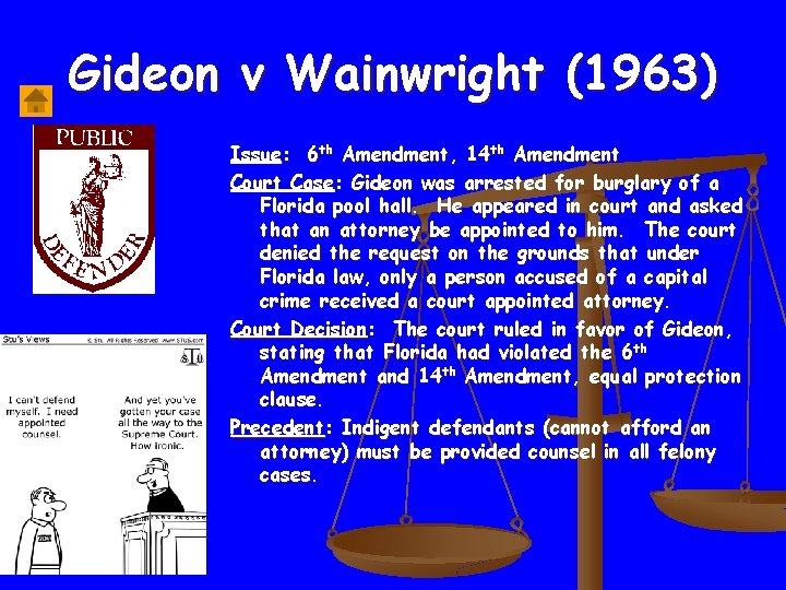 Gideon v Wainwright (1963) Issue: 6 th Amendment, 14 th Amendment Court Case: Gideon