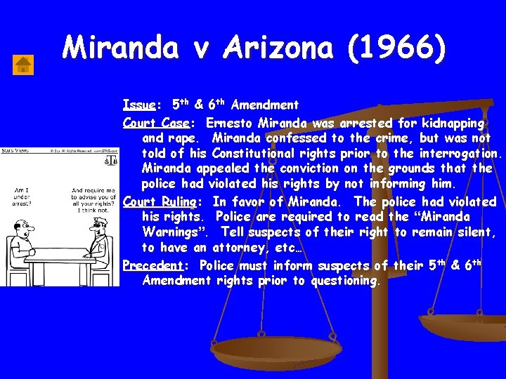 Miranda v Arizona (1966) Issue: 5 th & 6 th Amendment Court Case: Ernesto