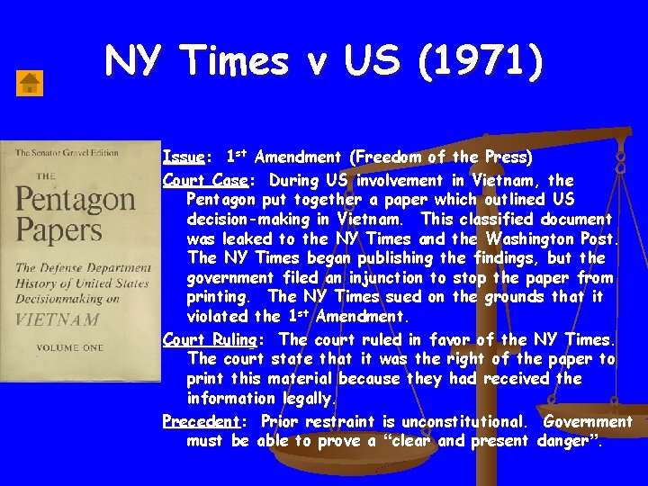 NY Times v US (1971) Issue: 1 st Amendment (Freedom of the Press) Court