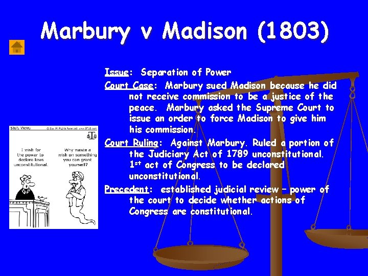 Marbury v Madison (1803) Issue: Separation of Power Court Case: Marbury sued Madison because