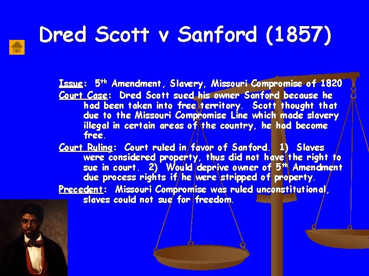 Dred Scott v Sanford (1857) Issue: 5 th Amendment, Slavery, Missouri Compromise of 1820