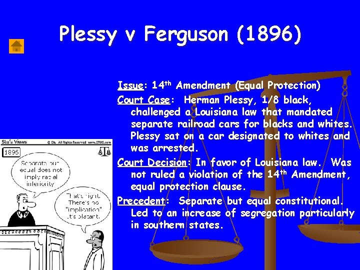 Plessy v Ferguson (1896) Issue: 14 th Amendment (Equal Protection) Court Case: Herman Plessy,