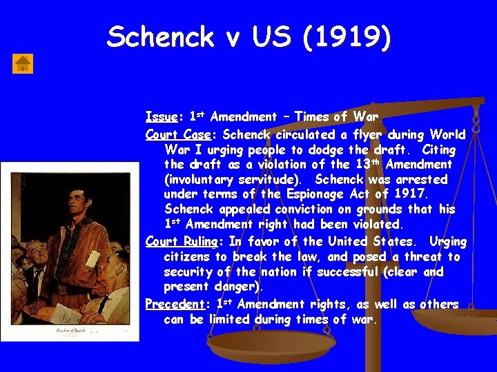 Schenck v US (1919) Issue: 1 st Amendment – Times of War Court Case: