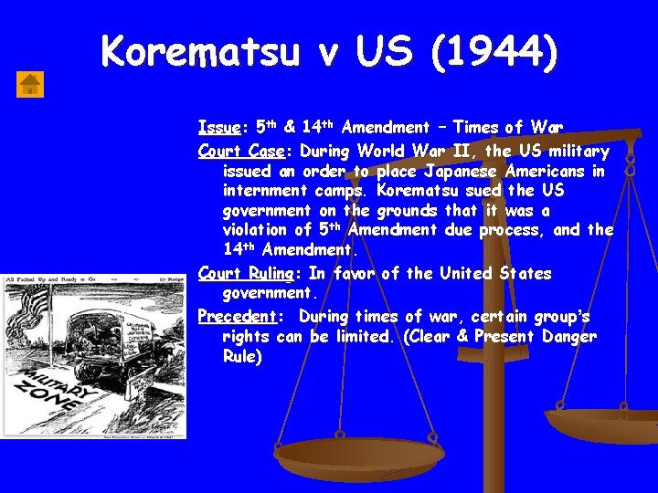 Korematsu v US (1944) Issue: 5 th & 14 th Amendment – Times of