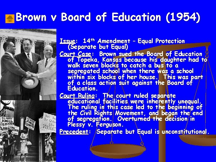 Brown v Board of Education (1954) Issue: 14 th Amendment – Equal Protection (Separate