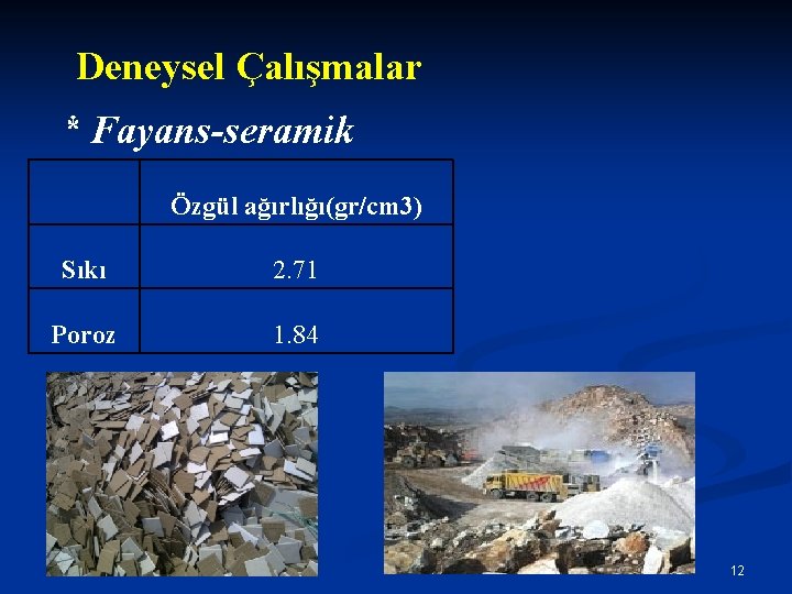 Deneysel Çalışmalar * Fayans-seramik Özgül ağırlığı(gr/cm 3) Sıkı 2. 71 Poroz 1. 84 12