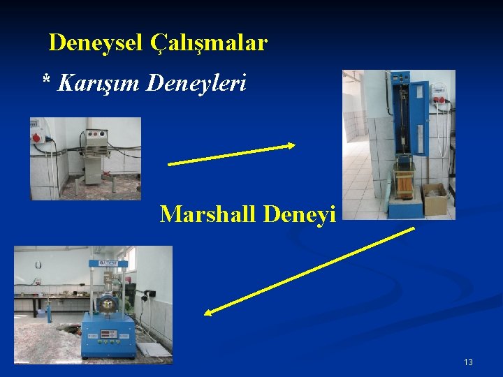 Deneysel Çalışmalar * Karışım Deneyleri Marshall Deneyi 13 