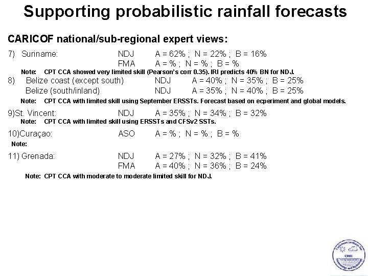 Supporting probabilistic rainfall forecasts CARICOF national/sub-regional expert views: 7) Suriname: Note: 8) NDJ FMA