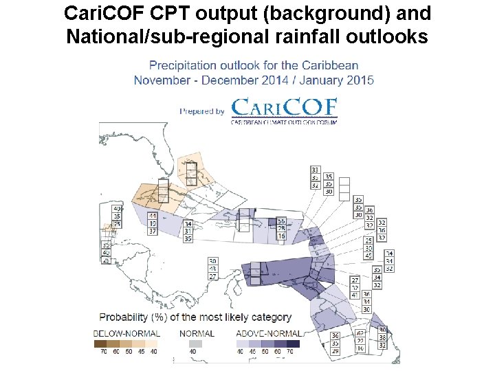 Cari. COF CPT output (background) and National/sub-regional rainfall outlooks 