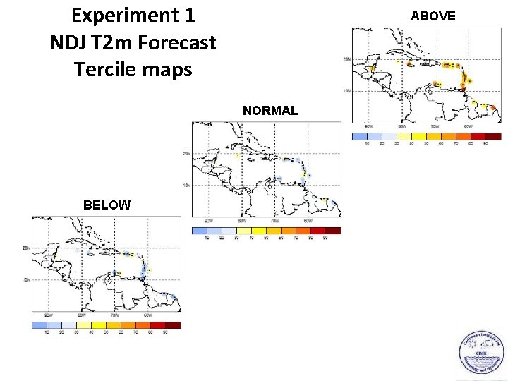 Experiment 1 NDJ T 2 m Forecast Tercile maps ABOVE NORMAL BELOW 