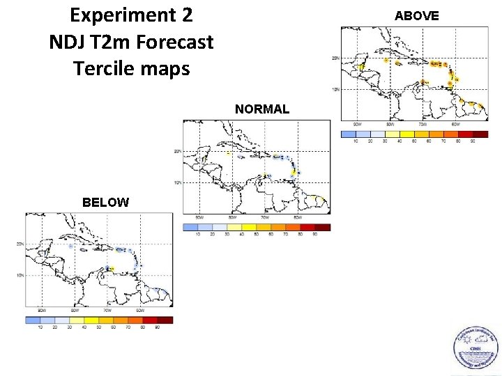 Experiment 2 NDJ T 2 m Forecast Tercile maps ABOVE NORMAL BELOW 