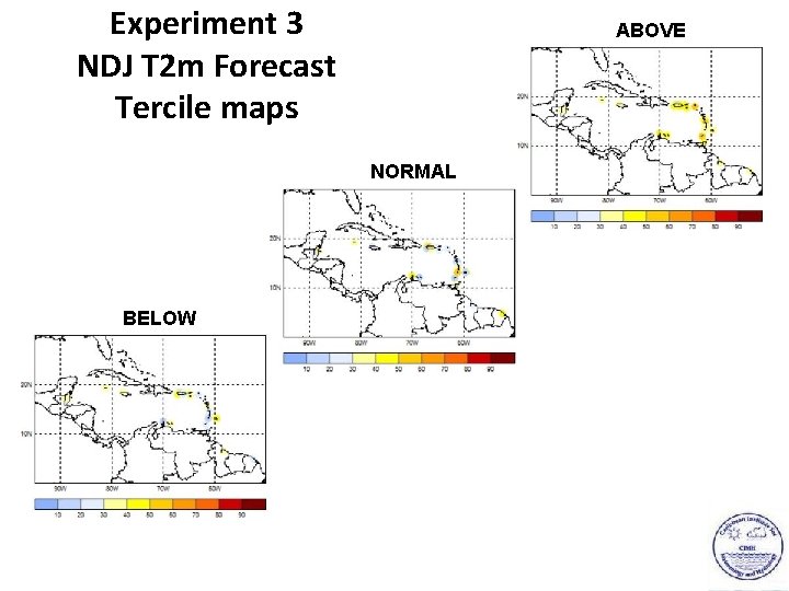 Experiment 3 NDJ T 2 m Forecast Tercile maps ABOVE NORMAL BELOW 